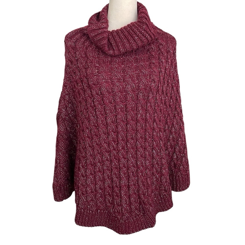 Cato Poncho Sweater One Size Burgundy Metallic Threads‎ Chunky Knit Women Top